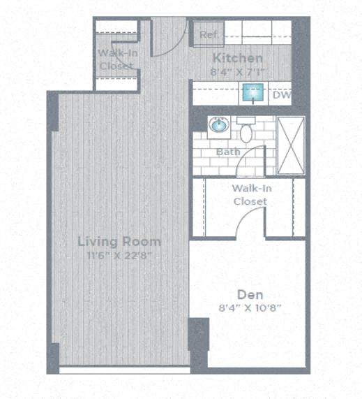 Floor plan for 1 bed, 1 bath, 650 sqft